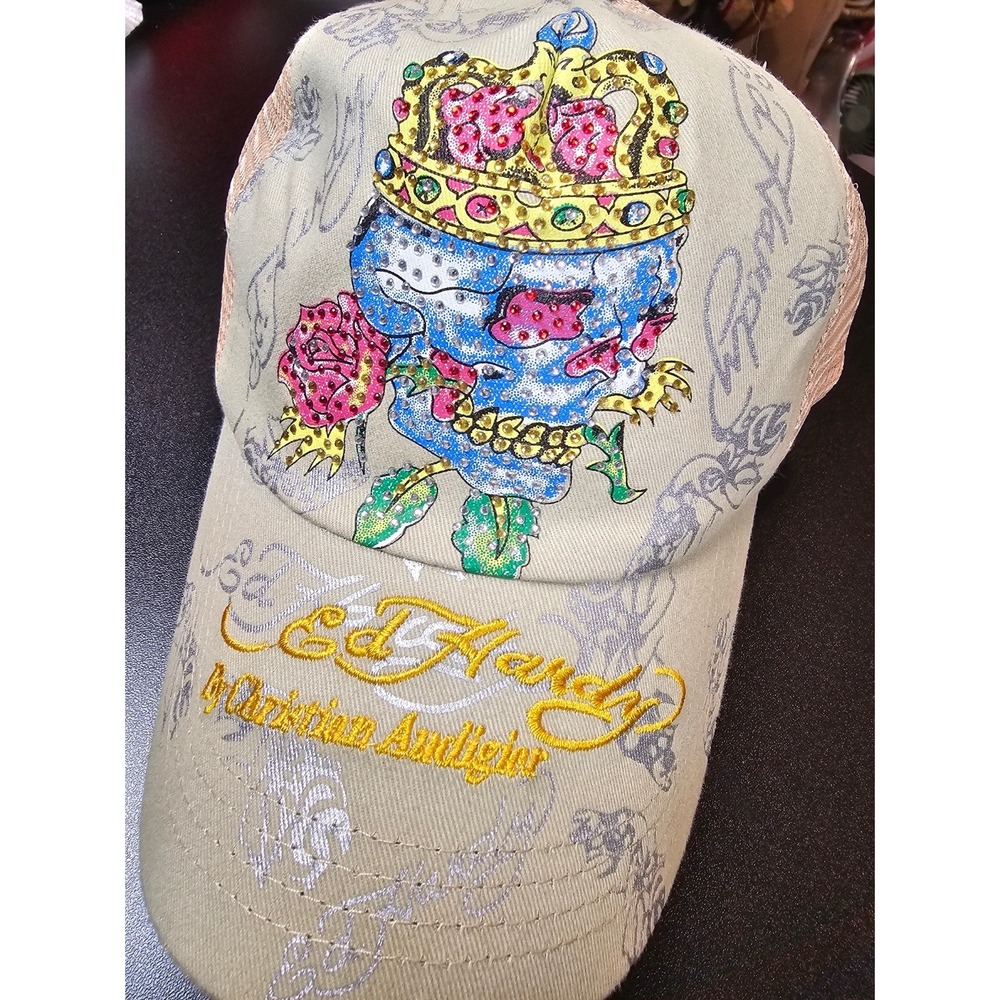 Ed Hardy Christian Audigier Rhinestone Crown Skull Trucker Hat Tan Snapback New